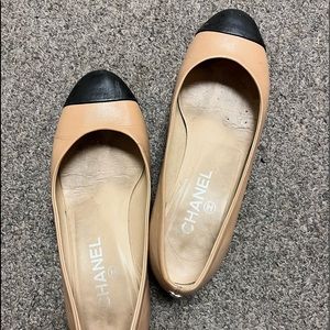 Chanel Black Leather Round Toe Silver Logo & Chain Heel Ballet Flats